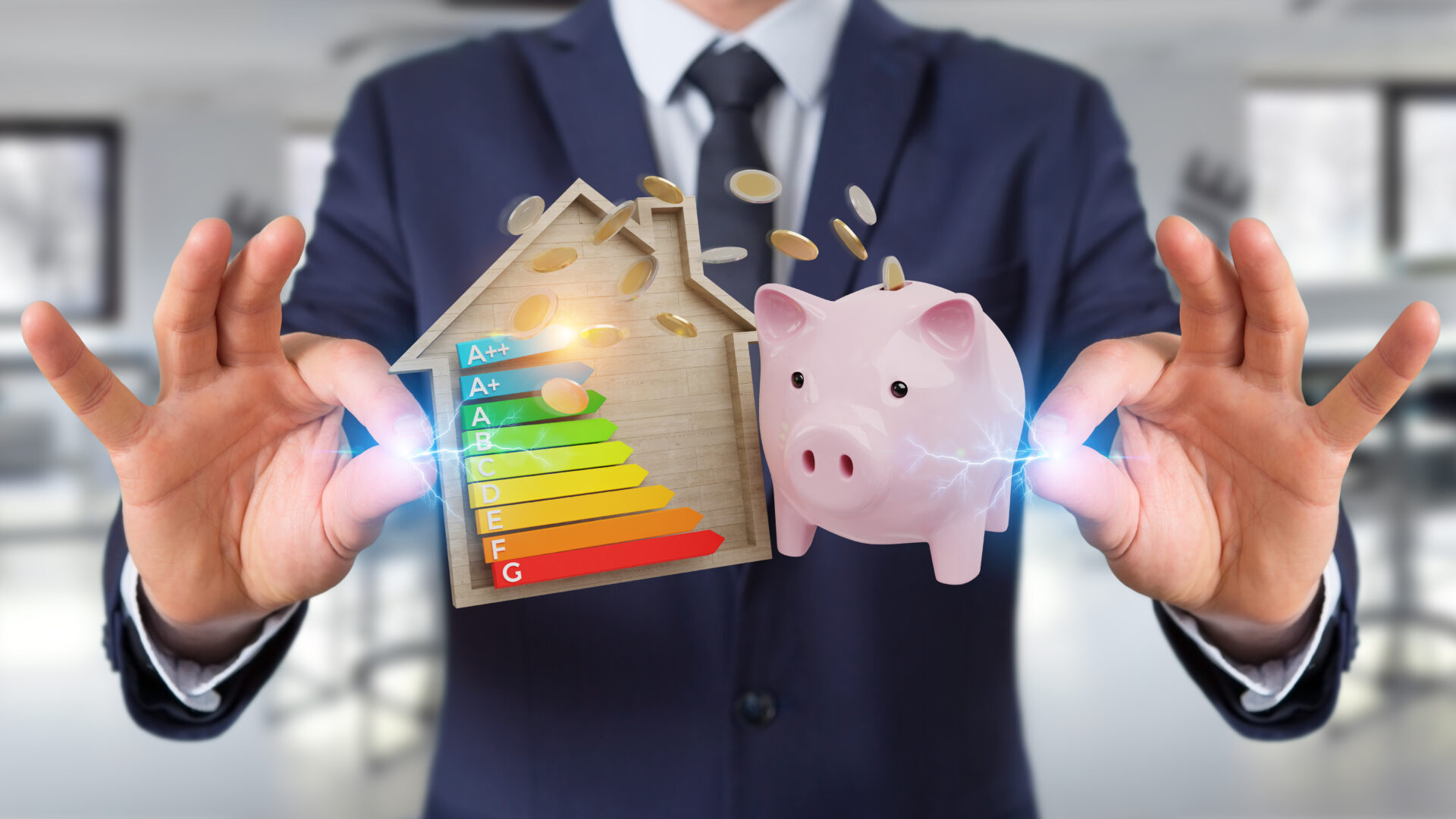 Businessman on blurred background saving money with good energy chart rating 3D rendering